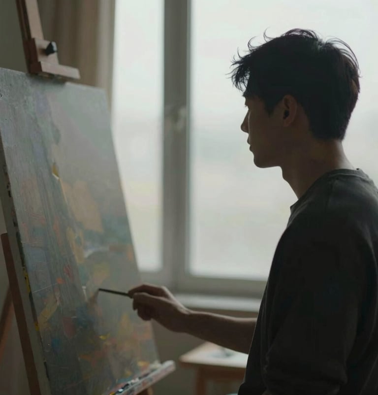 A soft-focus photograph of the artist looking at the painting from a distance. The artist is silhouetted against a large window with #F9F8F7 light streaming in. The mood is deeply personal and reflective.