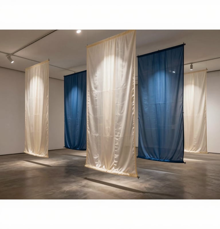 A wide-angle shot of a gallery installation in an East Asian / South Asian influenced for a global luxury audience city. Large panels of translucent ivory and indigo blue silk hang from the ceiling, illuminated by soft spotlights to create a cinematic atmosphere.
