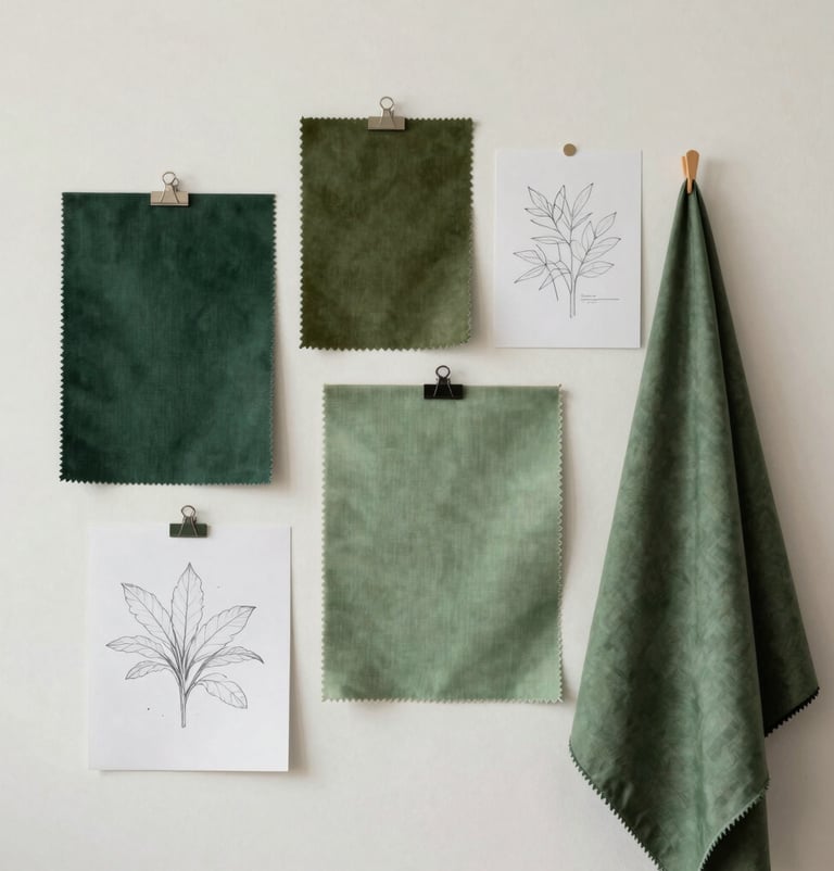 Lifestyle photography of a clean studio space in Brazil. A mood board on an off-white wall features swatches of dark green, olive green, and light green fabrics alongside minimalist sketches. Professional, artistic, and organized.
