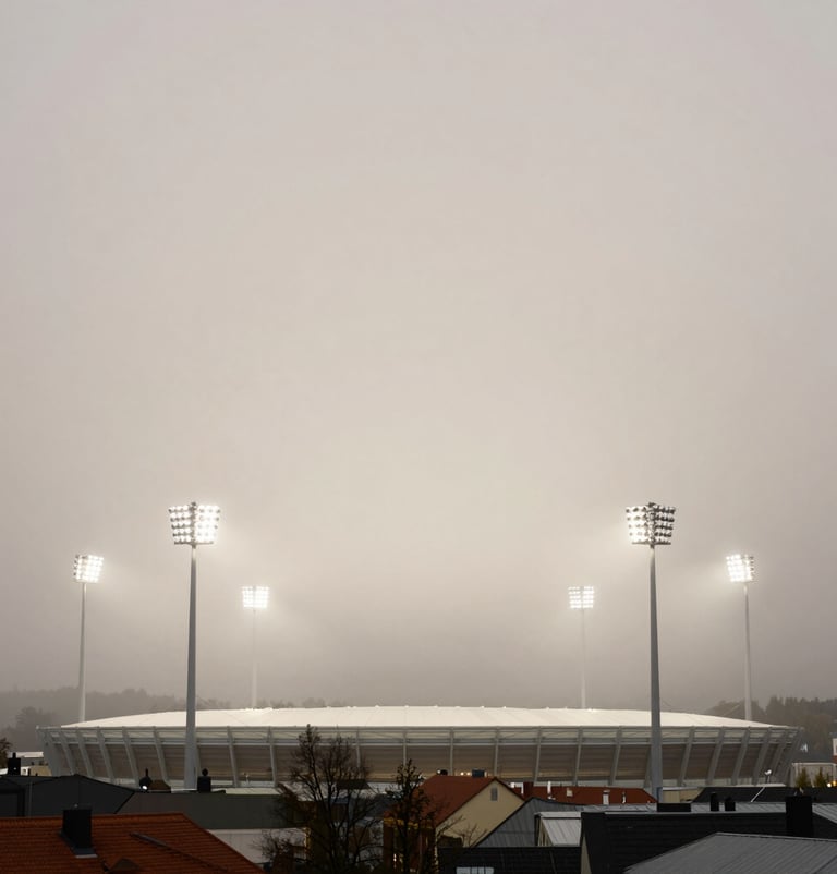 Minimalist full-bleed shot of the stadium lights cutting through a misty night in a Northern European city. The composition is clean, with generous off-white space in the sky.