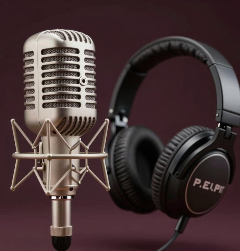 A close-up of professional studio equipment including a vintage microphone and high-end headphones, set against a dark #3D2C20 background. The equipment reflects a soft #F5F5EB light, symbolizing the premium quality and artistic depth of P.E.P YLS's production.