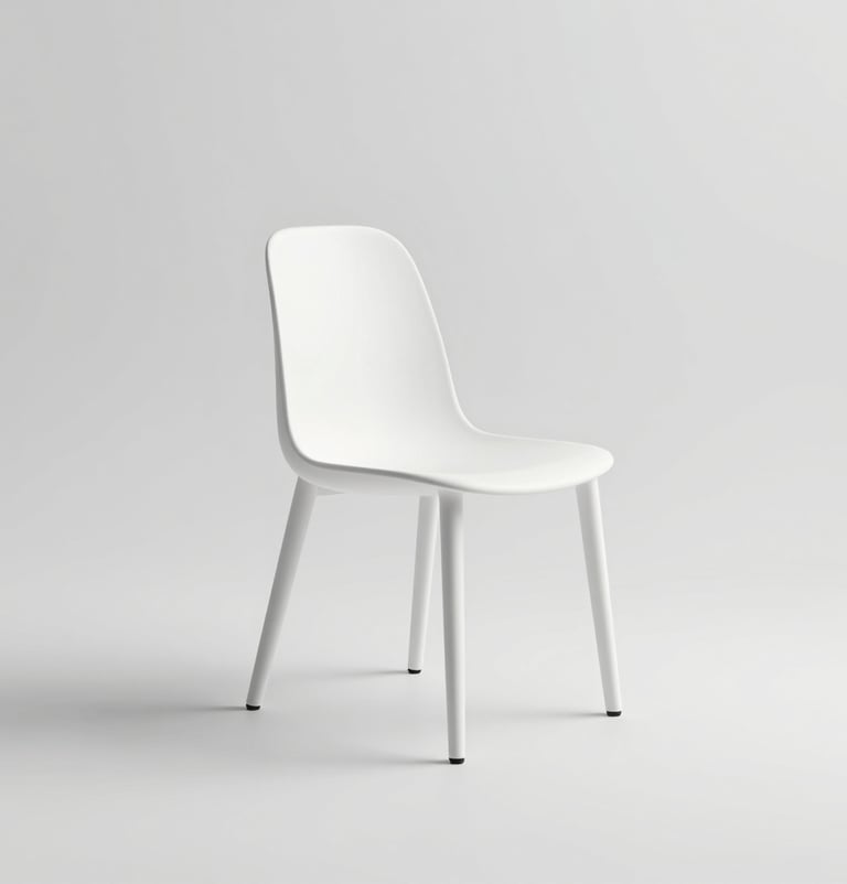 A single high-end minimalist chair in a white studio. Clean lines, soft gray shadows. Minimalist Apple-inspired photography. Plenty of negative space.