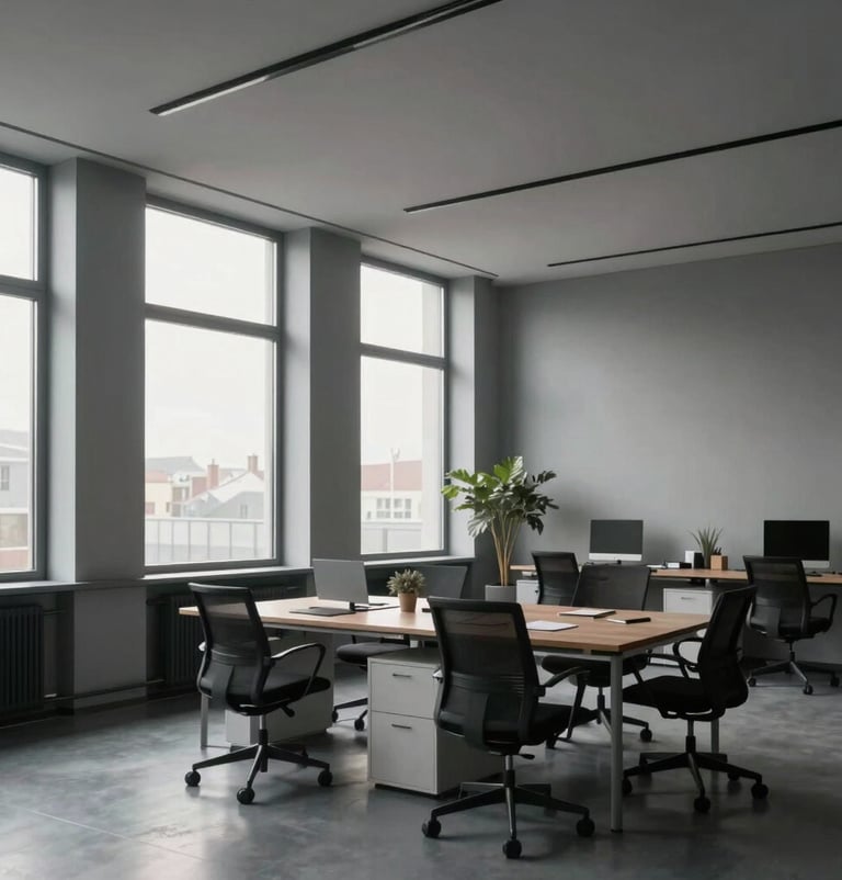 Full-room interior shot of a contemporary Central European / German office space, minimalist design with medium grey accents and large windows, soft morning light.