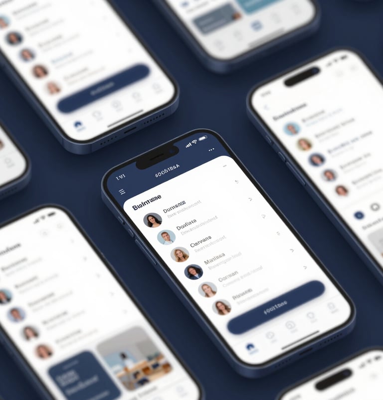 Multiple mobile screen mockups showing a clean, user-friendly app interface. The primary color is #0D1B2A with accents of #778DA9. Professional and inviting presentation.