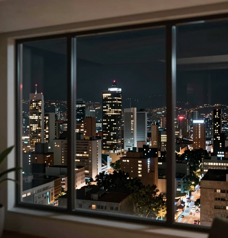 A night view of the Bogotá skyline through a modern studio window. Cinematic atmosphere with light off-white city lights and deep black sky.