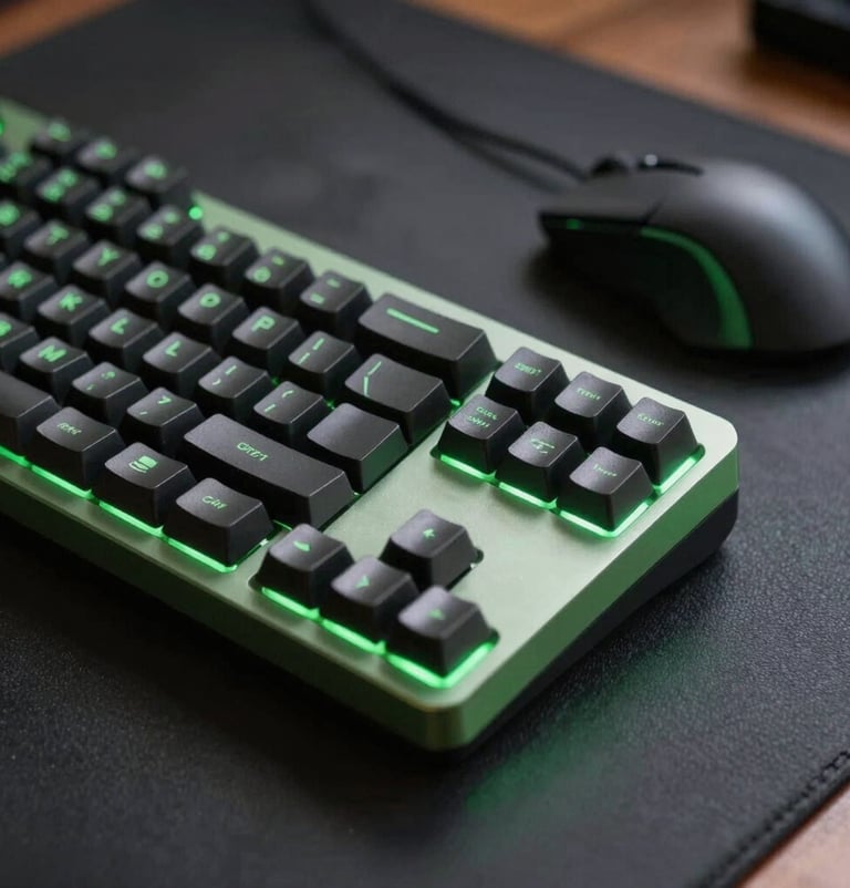 Macro photography of a mechanical keyboard and professional mouse on a dark desk. A soft neon green glow illuminates the edges of the hardware. The atmosphere is pragmatic and focused, South American / Brazilian professional setting.