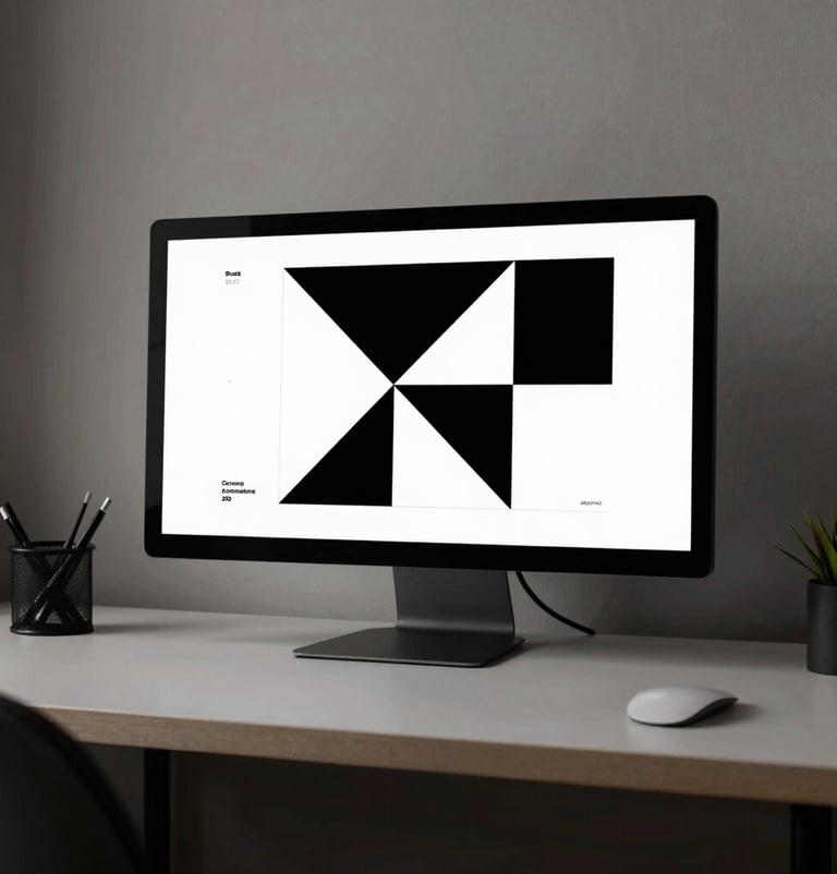Interior shot of a minimalist design studio in Brasilia, featuring a clean desk with a single monitor displaying a geometric brand manual in black and white.