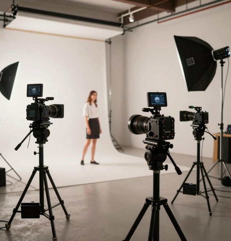 Wide shot of a professional photography set in a Brazilian studio, showing cameras and lighting equipment with a model in the background, clean and modern production vibe.