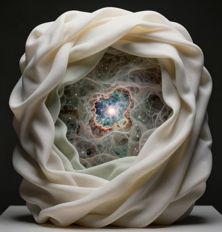 A cinematic shot of a sculpture made of layered off-white and pale sage silk, illuminated from within to reveal a complex internal structure reminiscent of a star nebula.