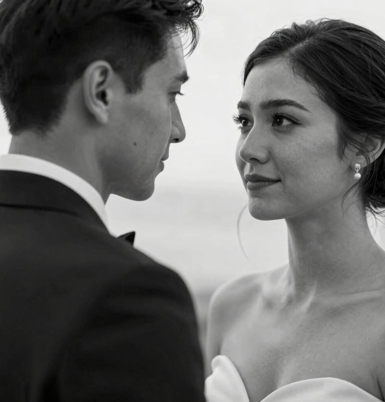 A black and white style photograph using dark charcoal and off-white tones of a North American / European couple during their wedding ceremony. The composition is intimate and close-up, focusing on their expressions. Soft lighting highlights the refined textures of their attire.