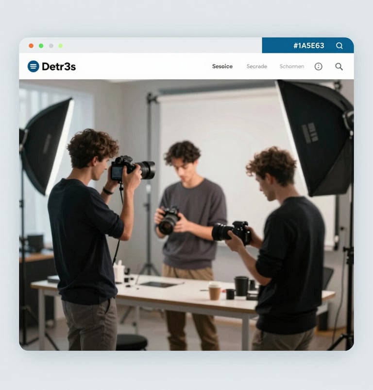 Detr3s de c3maras en una sesi3n de fotos de la agencia. Se ve un fot3grafo trabajando y un set iluminado profesionalmente. Ambiente de trabajo en3rgico pero ordenado y elegante. Colores de marca #1A5E63 presentes en el equipo t3cnico.