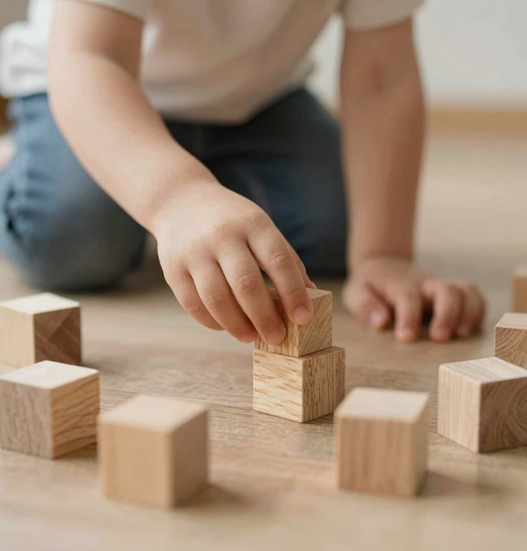 A personal, authentic shot focusing on a child's hands playing with wooden blocks on an oak floor. The lighting is warm and cinematic, featuring a soft #F9F6EE and #8D6B5F palette.