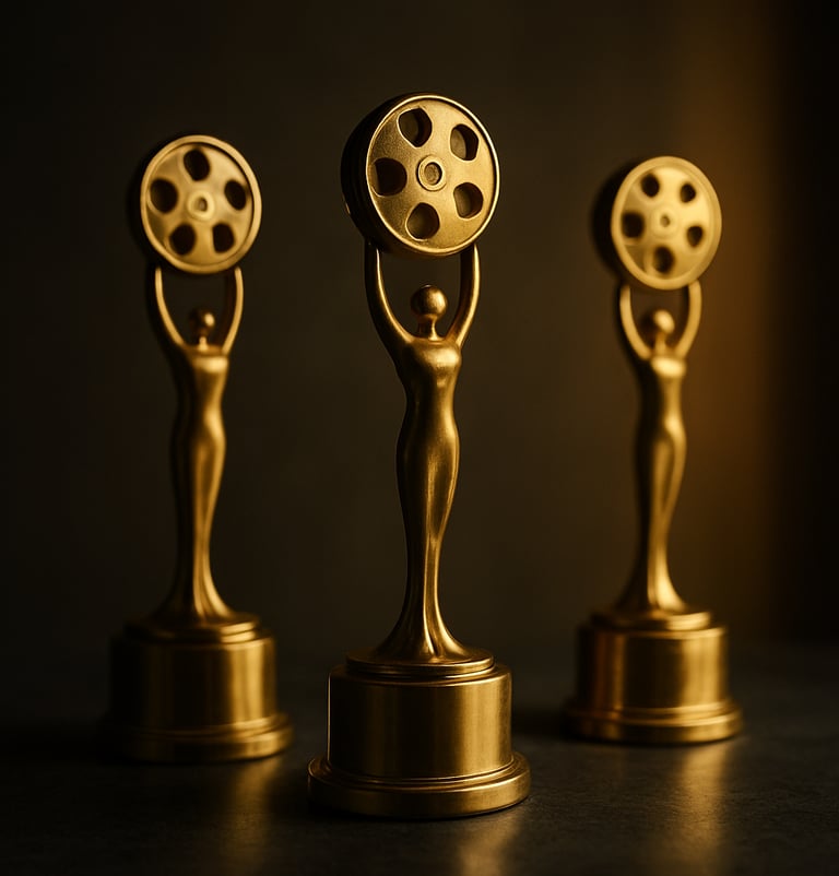 A collection of three golden international film festival trophies displayed on a sleek, dark stone surface, soft professional lighting from the side.