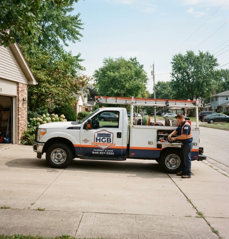 Documentary-style service photography of a clean HGB Garage Door service truck parked on a residential driveway in Mahomet, Illinois, bright morning daylight, sharp focus, 35mm.