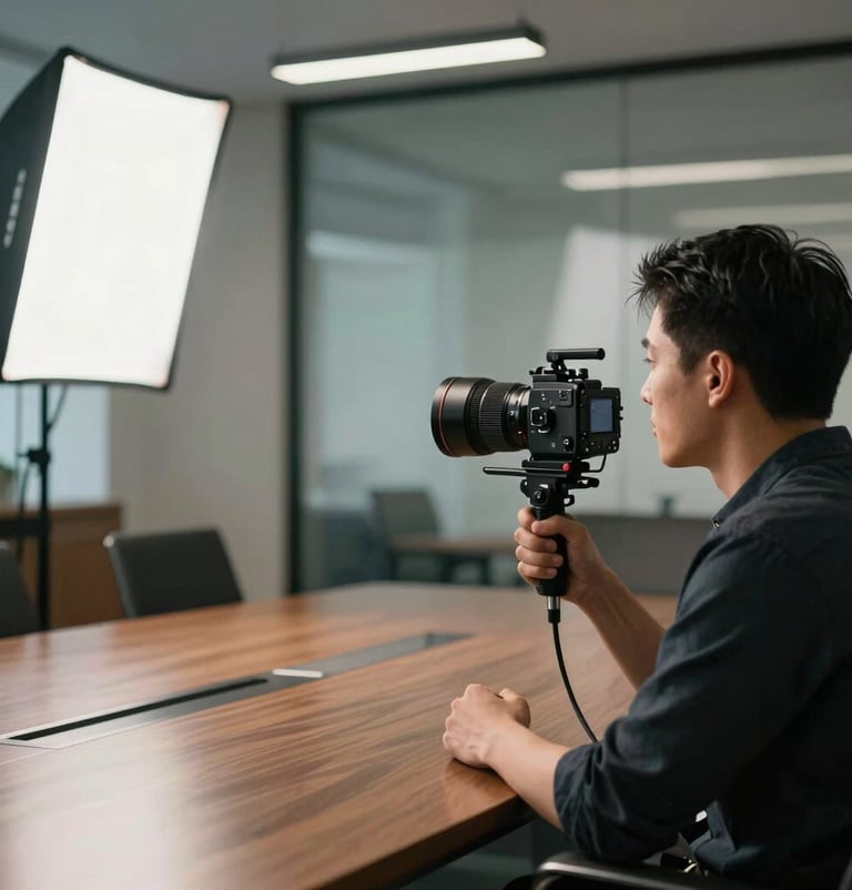 A professional documentary interview setup in a modern corporate boardroom. Professional lighting equipment and a boom mic are visible in a cinematic, low-key style. Global / Western.