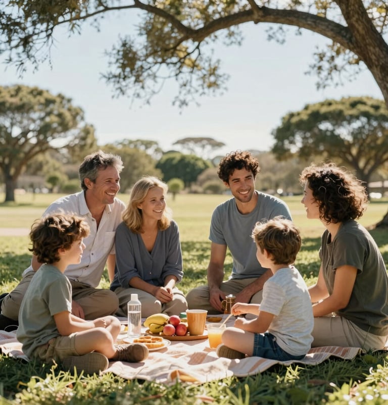 A happy family enjoying a picnic in a sun-drenched South African park, authentic smiles, professional candid photography, warm and inviting mood.