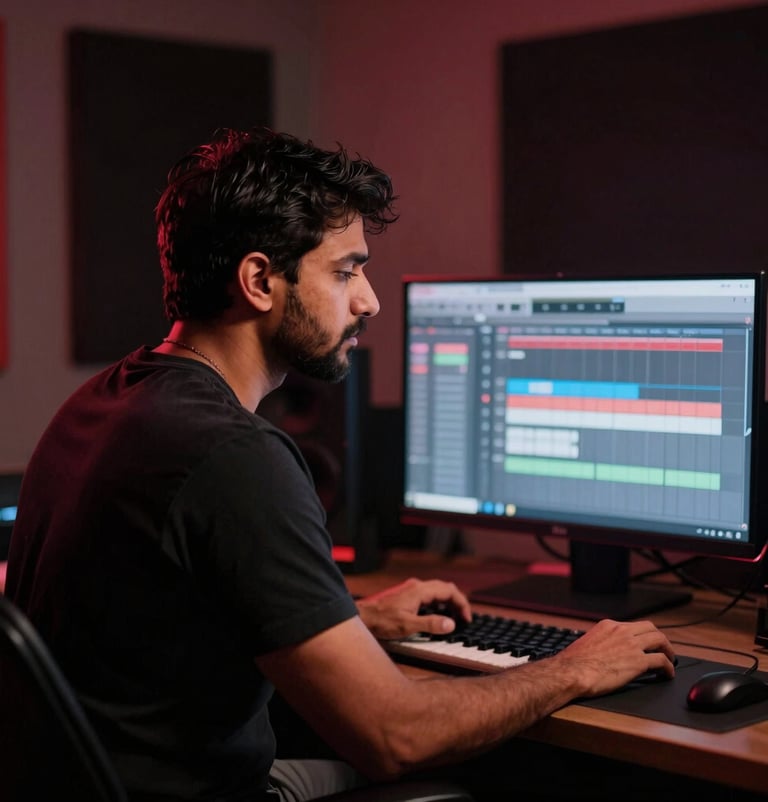 Portrait of a music producer (Abhishek Anand) in a dimly lit studio, focused on an FL Studio screen, with subtle crimson reflections, cinematic style.