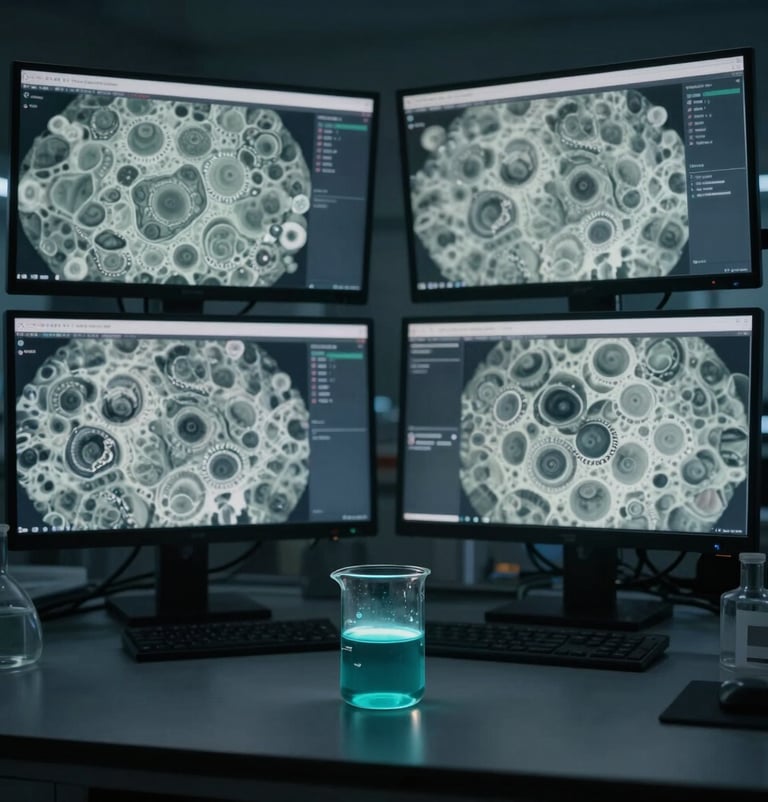A wide-angle cinematic shot of a dark laboratory. Large monitors display zoomed microscopic footage in muted sage grey. In the foreground, a glass beaker containing a deep teal substance sits on a dark charcoal workbench, glowing faintly.
