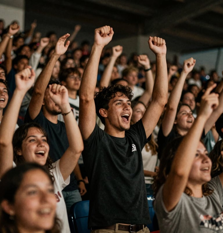 A dynamic shot of fans celebrating in the stands, capturing motion and joy. Authentic event photography with a focus on human connection, using warm #8C847E tones and deep #0D0D0D shadows.