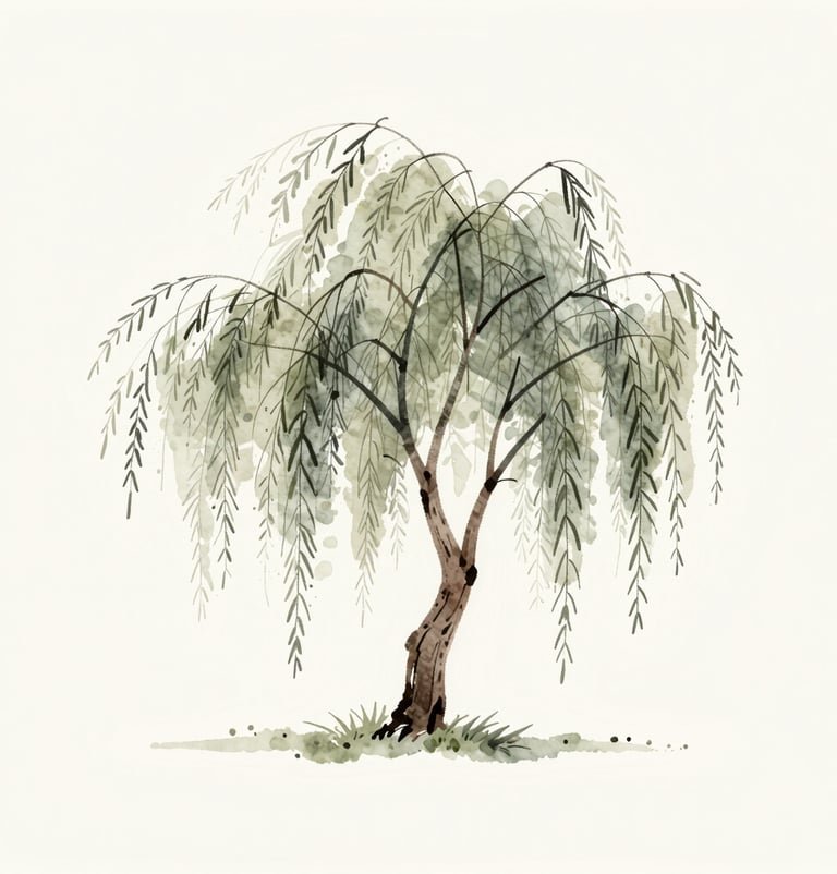 A minimalist watercolor sketch of a willow tree, using light washes of #A89B90 and charcoal-like lines of #362C27, on a clean #F5F2EF background.