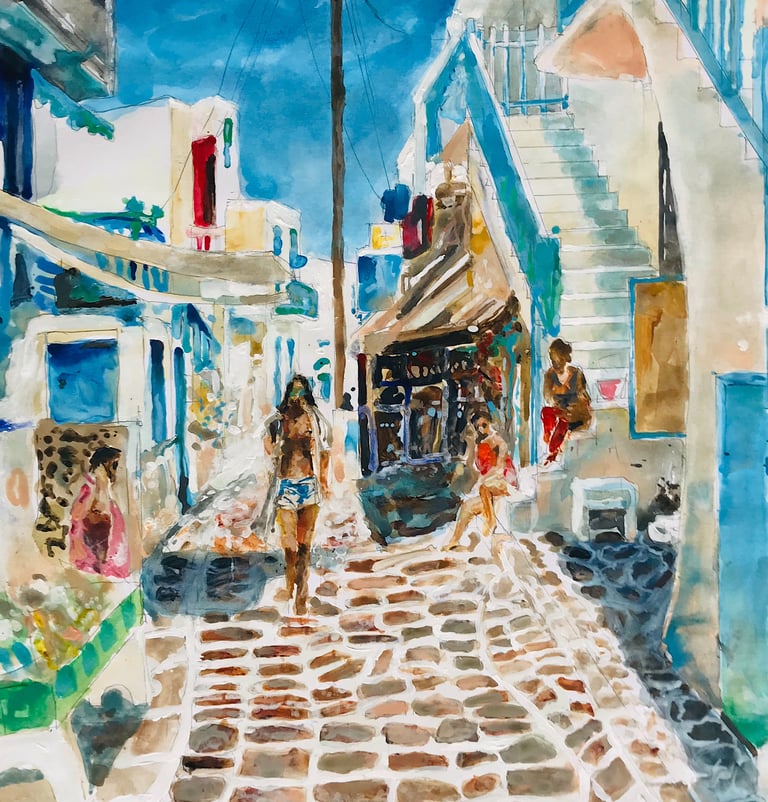 a painting of a woman walking down a cobblestone street