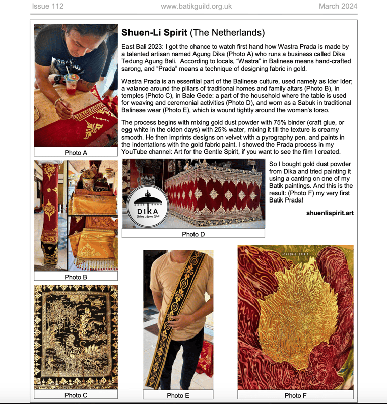 Article in batik guild magazine march 2024 issue 112 written by Shuen-Li Spirit about Batik Prada