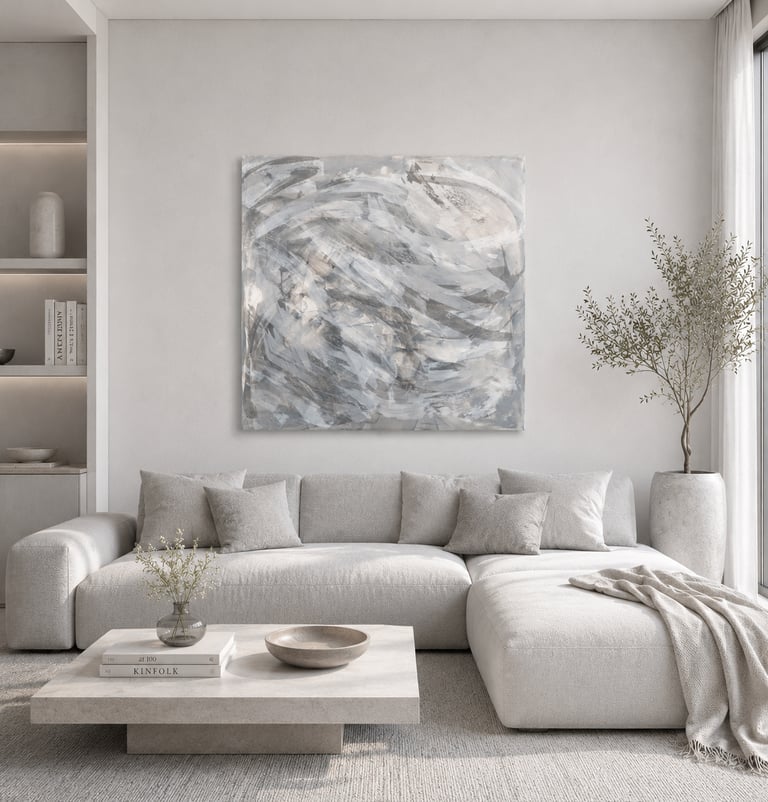Modern minimalist living room with a light gray sectional sofa, abstract wall art, and a stone coffee table.
