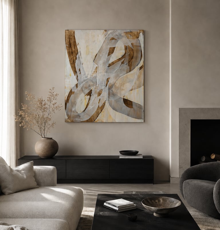 Minimalist living room with abstract wall art, black media console, and modern fireplace decor.