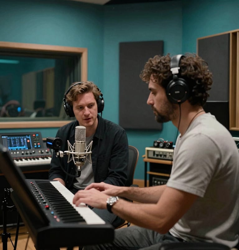 A professional photograph of two musicians collaborating in a high-tech International / English-speaking recording studio with Muted Turquoise lighting and Dark Charcoal acoustic panels.