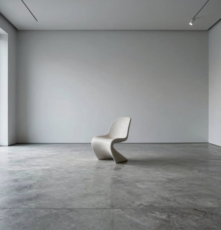 Wide shot of a minimalist gallery space in Oslo. Polished concrete floors, light gray walls, one sculptural chair in the center. Professional architectural photography, airy and spacious Northern European setting.