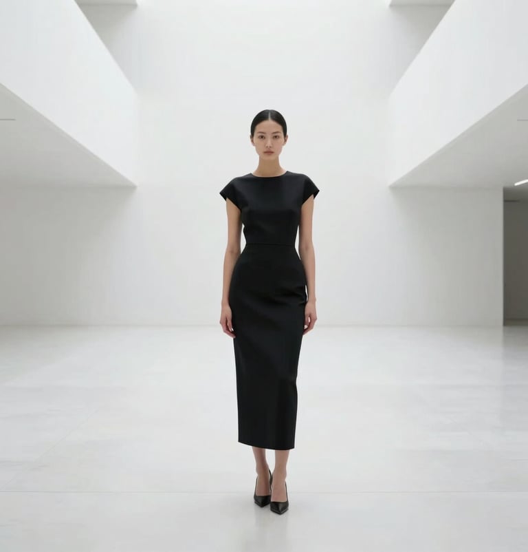 Full body editorial shot of a woman in a structured black dress standing in a vast, minimalist white hall, high contrast, #0F0F0F garment, #F8F8F8 architecture.