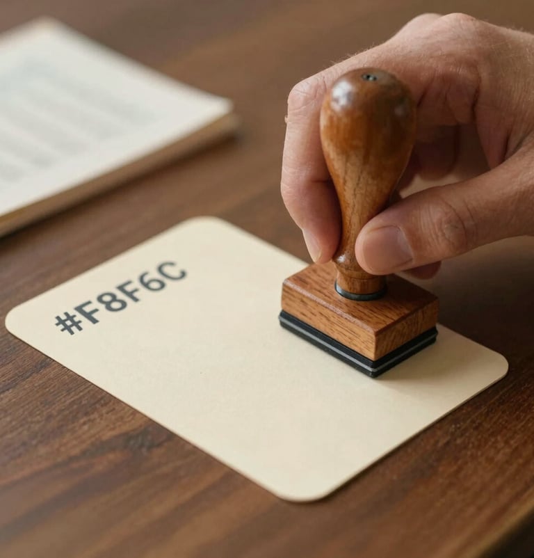 An intimate, creative shot of a librarian's hand using a vintage wooden stamp on a #F8F6F4 cream-colored library card. The ink is a sharp #3D3B3C dark gray. The image captures the scholarly and tactile nature of the profession.