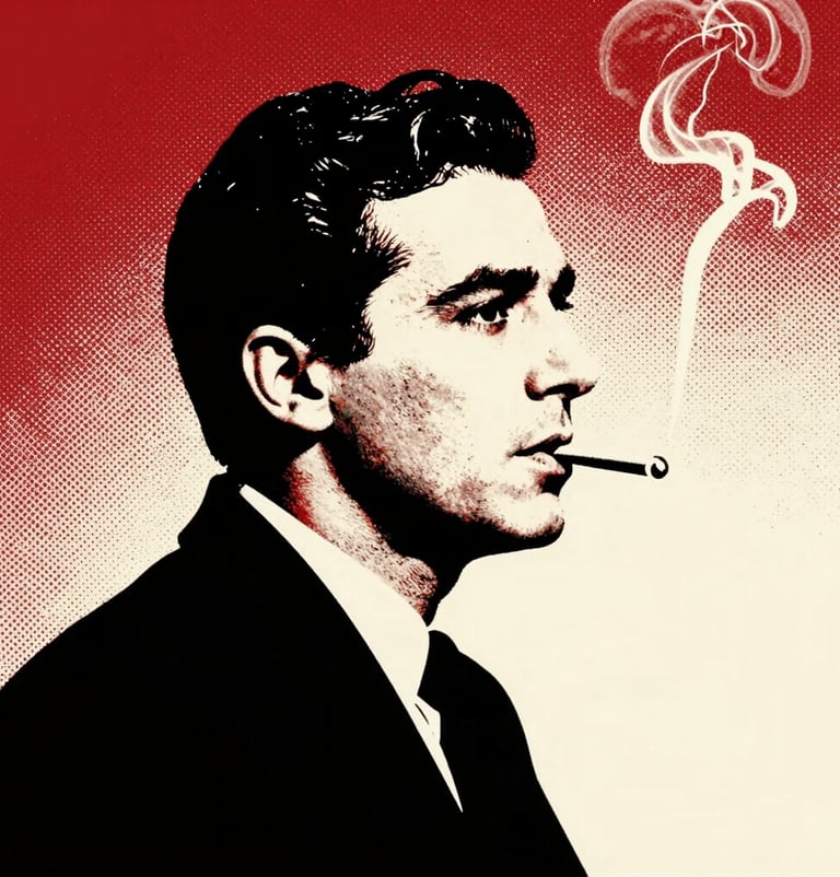 Graphic silhouette of a man smoking, inspired by Jean-Paul Belmondo. Bold black ink style with a background of vibrant red #D4202B and off-white #FDFDF5 halftone dots. Cinematic 1960s atmosphere, flat pop art style.