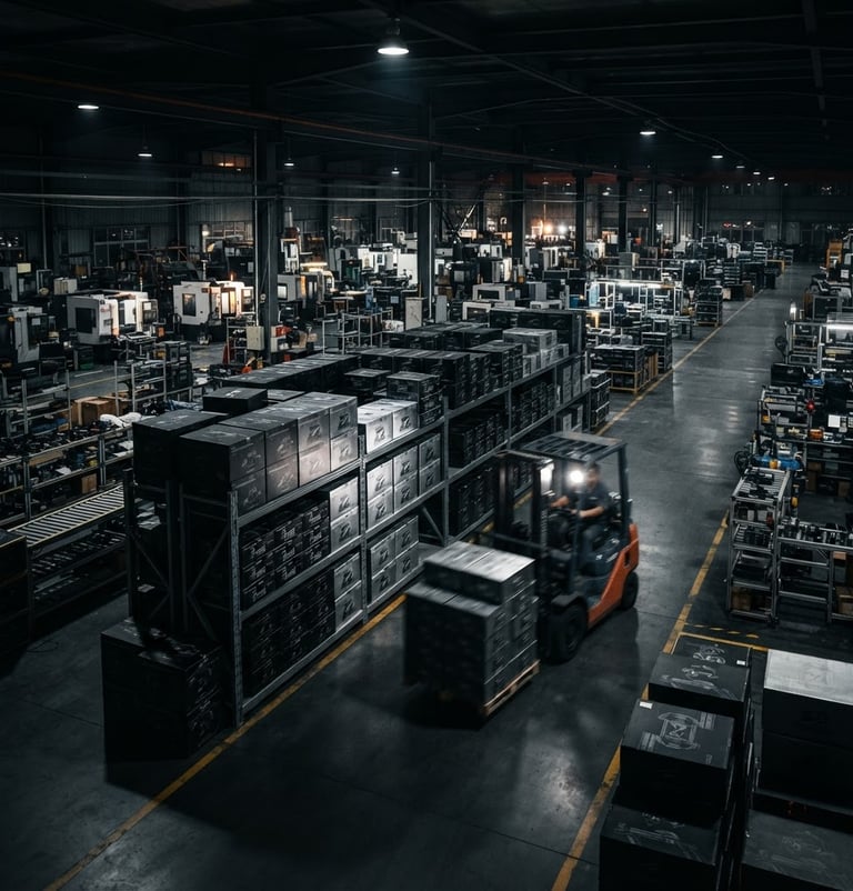 Wide shot of a modern, organized factory floor in Taizhou, China, with neatly stacked motorcycle accessory boxes and a forklift in motion, dramatic low-key studio lighting, matte black and metallic silver tones, sharp macro lens, high-contrast details, panoramic 21:9 frame