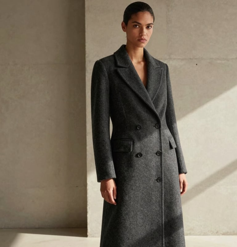 An editorial fashion portrait of a Brazilian / South American model wearing a tailored dark charcoal gray coat, captured in a minimalist, sunlit studio with beige concrete walls. High-fashion composition, elegant posture, soft natural light.