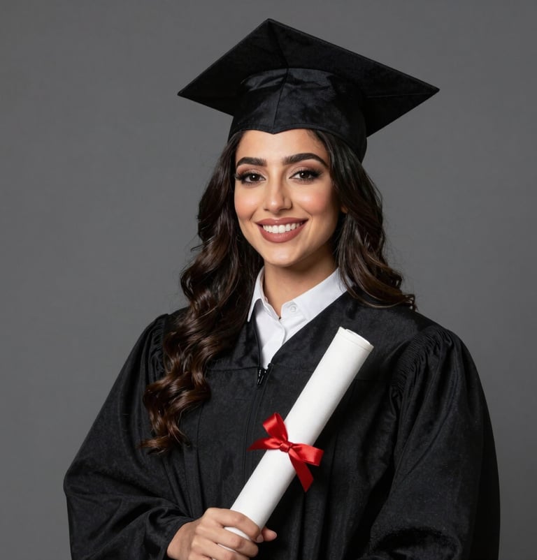 A radiant Middle Eastern woman in a graduation gown, smiling happily in a professional studio setting, holding a rolled diploma, soft flattering lighting, high-quality portrait photography.