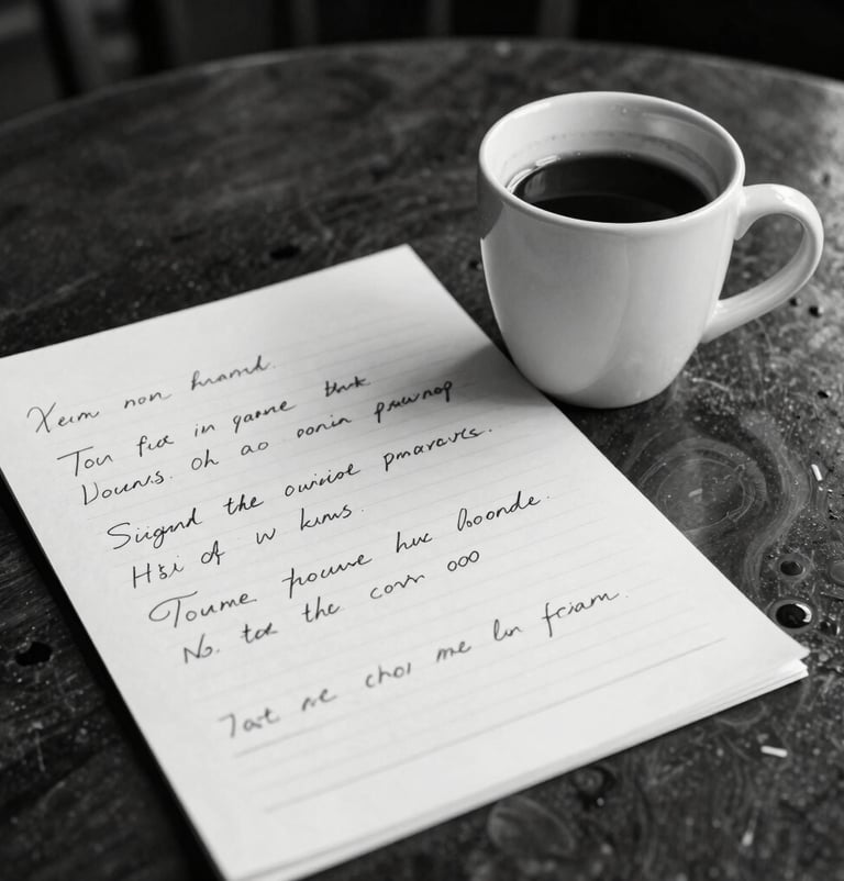 A black and white style photograph with deep espresso brown tones of a songwriter's handwritten notes and a half-full coffee mug on a table in a North American / US cafe.