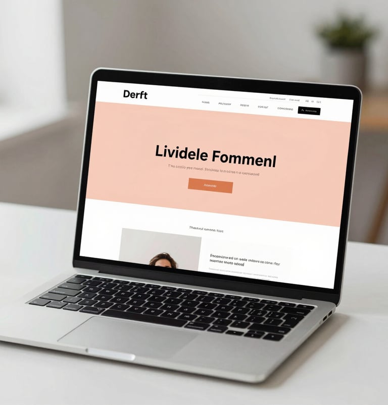 A sleek, modern laptop resting on a clean desk, displaying a sophisticated website homepage. The screen shows a refined minimalist layout with burnt peach highlights and professional black text. Soft, natural lighting.