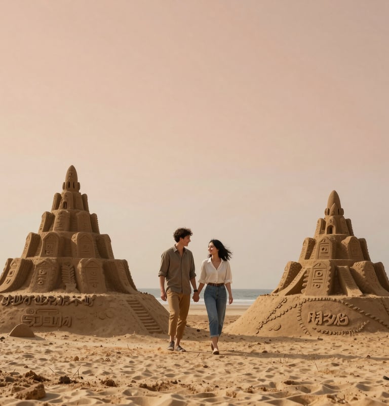 A candid shot of a happy couple walking past large sand sculptures on a tranquil beach. The mood is warm and inviting. The soft sand underfoot and the terracotta sky create a cinematic, serene atmosphere for the art project.