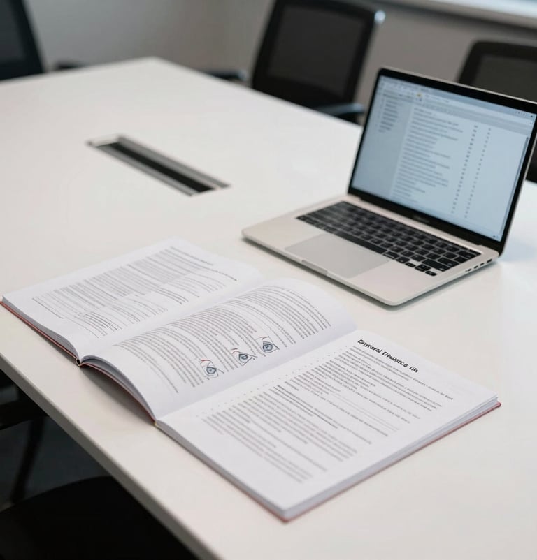 A beautifully lit photograph of published scientific studies on digital violence lying on a polished white conference table next to a laptop displaying data analysis. Professional studio light, clean and academic atmosphere.
