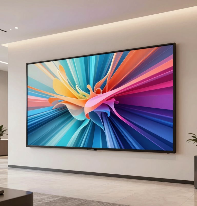 A large digital screen mounted in a modern North American / US corporate lobby, displaying a vibrant abstract 3D artwork. The environment is professional and elegant, with soft crisp off-white lighting.
