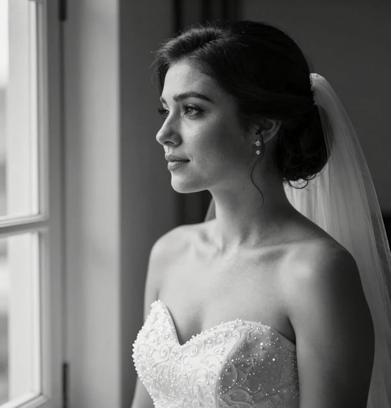 A black and white portrait of a bride looking thoughtfully out a window, high contrast with deep #3A3335 tones and bright highlights, showcasing a professional and artistic touch.