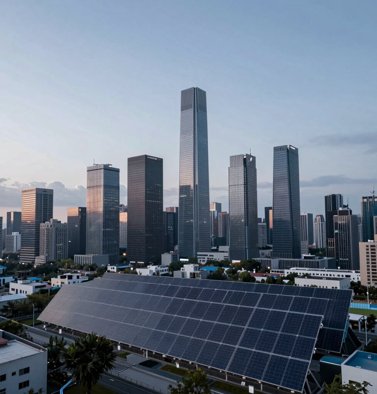 A wide-angle landscape shot of a futuristic city skyline with integrated solar facades, shot during the 'blue hour' to emphasize the #1A2C38 and #A9C5D0 colors. Clean, sharp, and highly professional imagery.