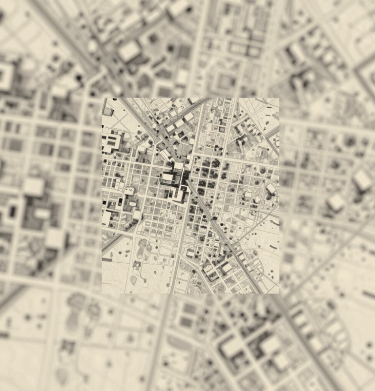 Atmospheric architectural site analysis map. Abstracted urban grid in Charcoal ink over a Soft Sand paper texture, focused on historical footprints.