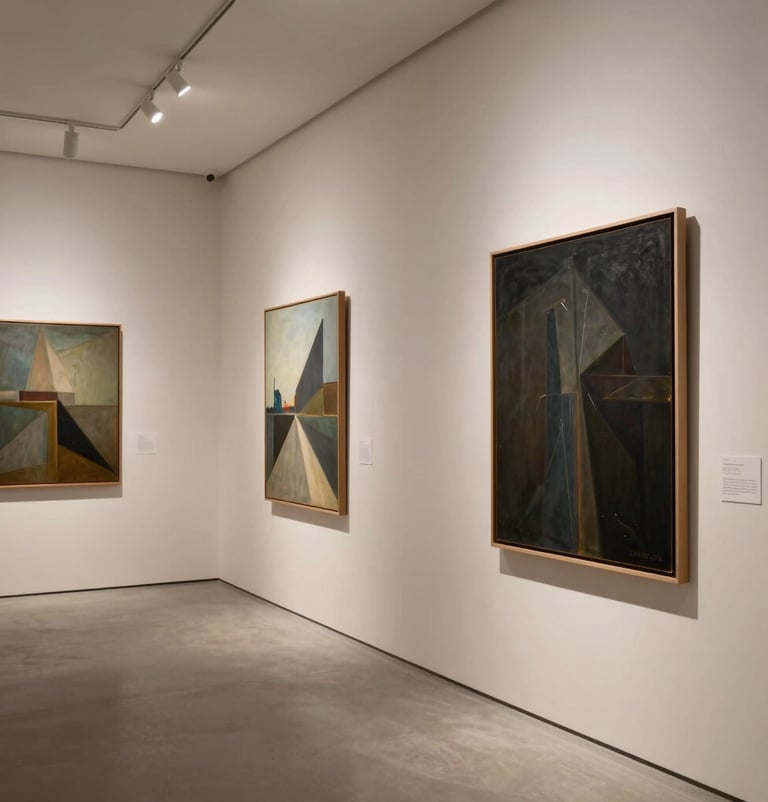 An interior shot of a minimalist International / Global Art Scene gallery. High-end canvases are displayed on Pale Cream walls. Professional track lighting creates dramatic shadows. Elegant and professional atmosphere.