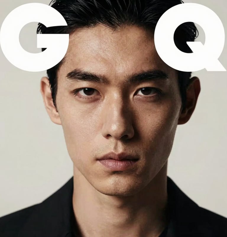 Portrait focusing on the model's intense gaze. Soft off-white lighting on one side of the face, deep jet black shadows on the other. Very clean skin texture and sharp details, GQ style editorial.