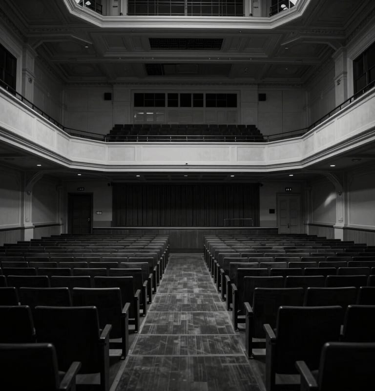 Wide angle photography of an empty, historic concert hall in Western European / Dutch style, dramatic architectural shadows in anthracite and black, elegant minimalist perspective, professional photography style.