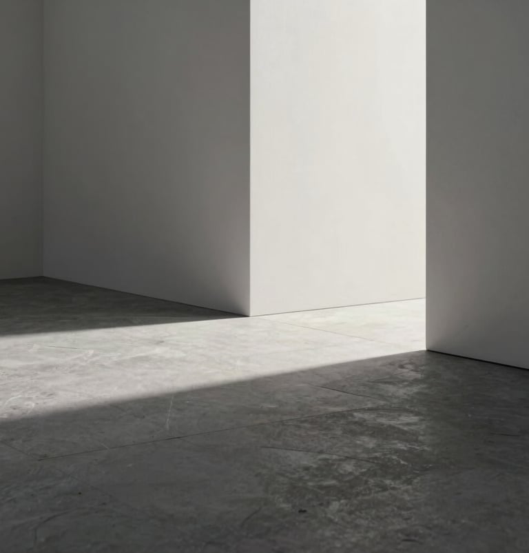 A professional production still from a film set. The scene features minimalist architectural elements and dramatic shadows. A clean, sophisticated composition using slate gray and off-white. The atmosphere is meticulous and creative. Western European setting.