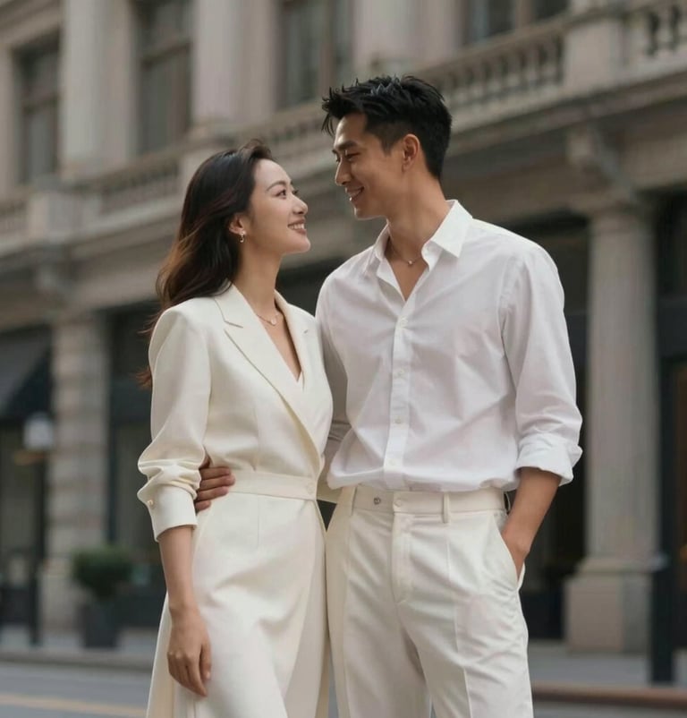 A high-fashion videography still of an engagement shoot in an urban setting. Sophisticated lighting, #20232B architecture, and #F7F5F0 attire create a contemporary, artistic storytelling vibe.