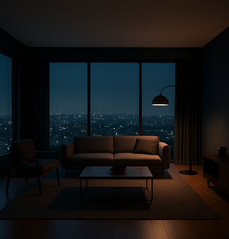 Wide shot of a sophisticated living room with dark blue walls and floor-to-ceiling windows overlooking a Brazilian city at night, atmospheric soft lighting, minimalist furniture.
